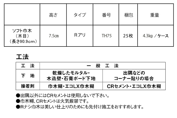 東リ】 ソフト巾木（木目）7.5cm Rアリ TH75 1セット25枚 巾木☆印刷